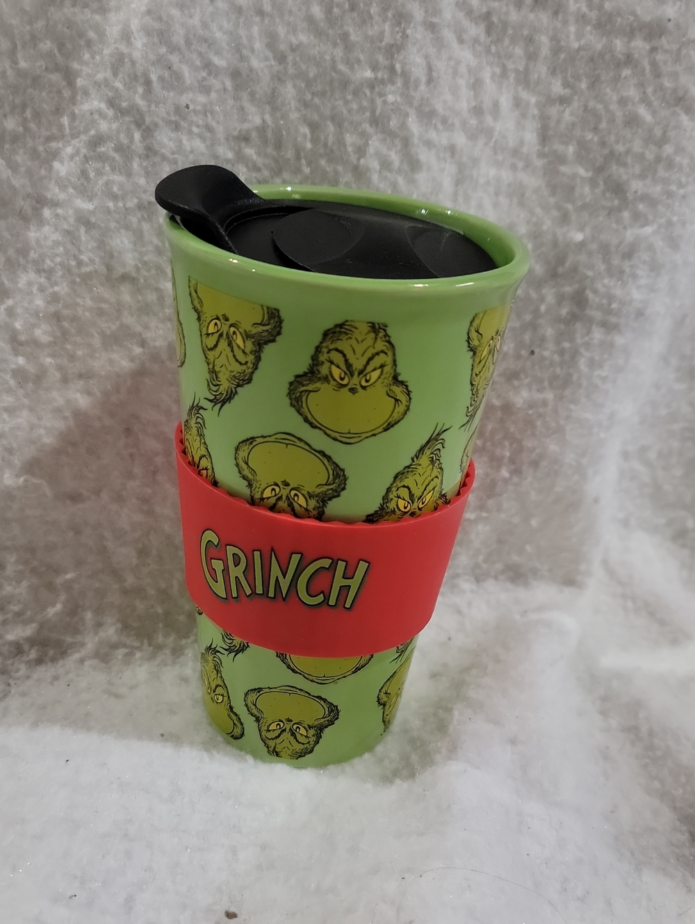 Dr. Seuss Grinch Green and Red Travel Mug- Heat Sleeve "Oh, the place We Can Go"